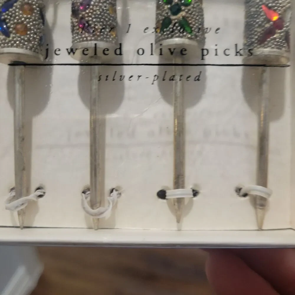 Vtg Pier 1 Exclusive Jeweled Silver Plated Olive Picks Jeweled Fancy Heavy Duty